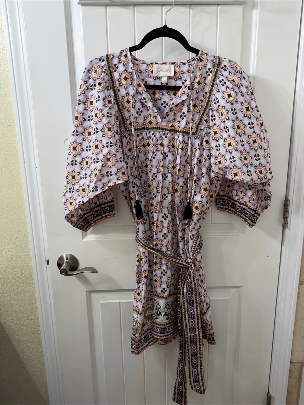 Cleobella Lavender Floral Boho Mini Dress with Tassel Tie